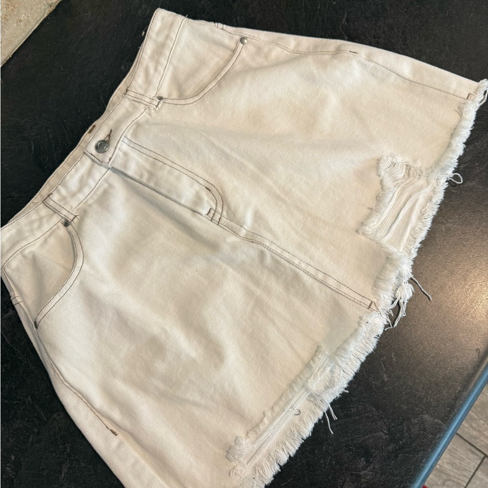 Women's Distressed White Denim Skirt